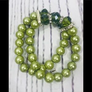 Double Strand Green Bead & Rhinestone Bracelet